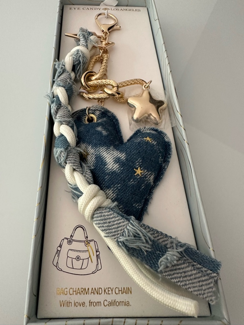 Eye Candy Los Angeles Denim Heart Keychain with Gold Stars, new in box. - Picture 5 of 7